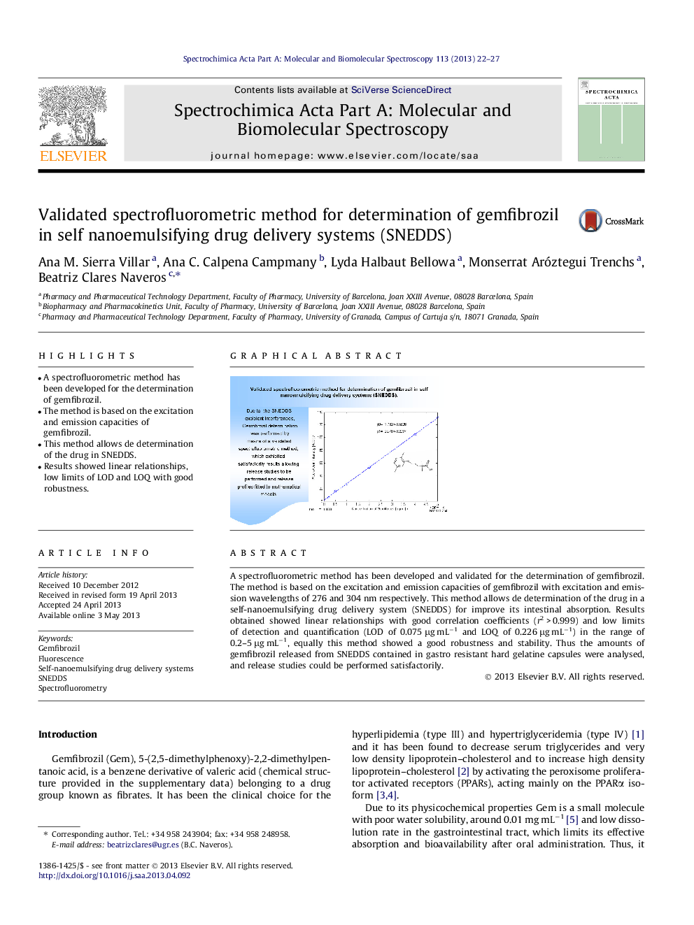 Validated spectrofluorometric method for determination of gemfibrozil in self nanoemulsifying drug delivery systems (SNEDDS)