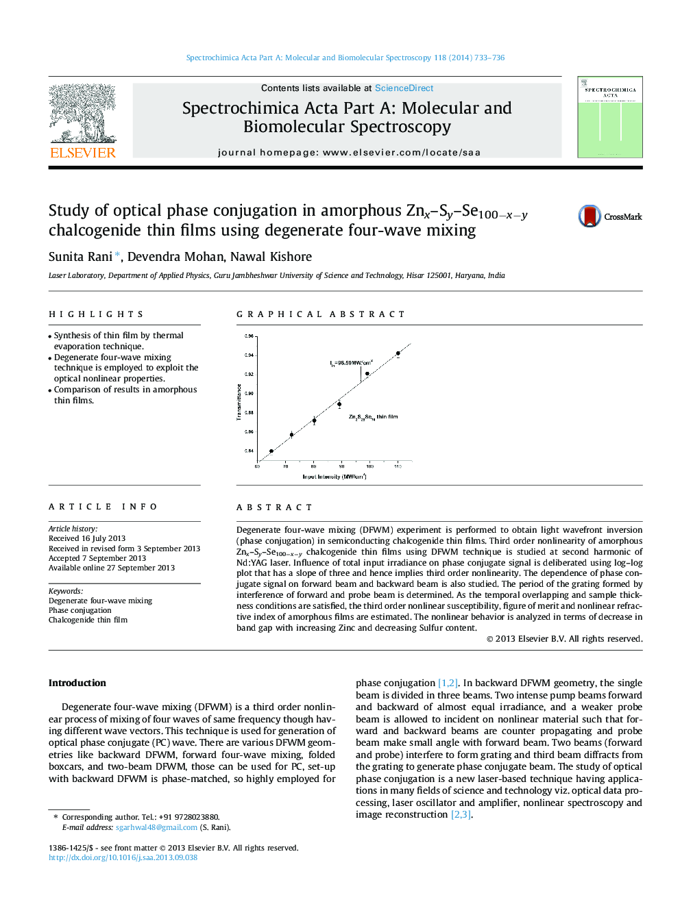 Study of optical phase conjugation in amorphous Znx-Sy-Se100âxây chalcogenide thin films using degenerate four-wave mixing