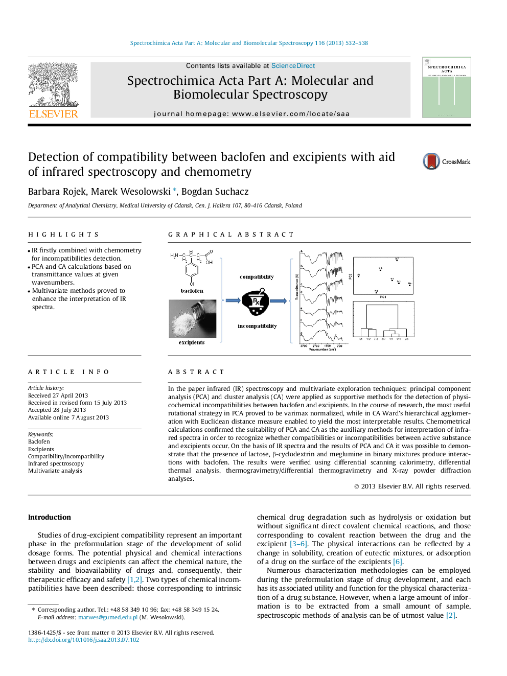 Detection of compatibility between baclofen and excipients with aid of infrared spectroscopy and chemometry