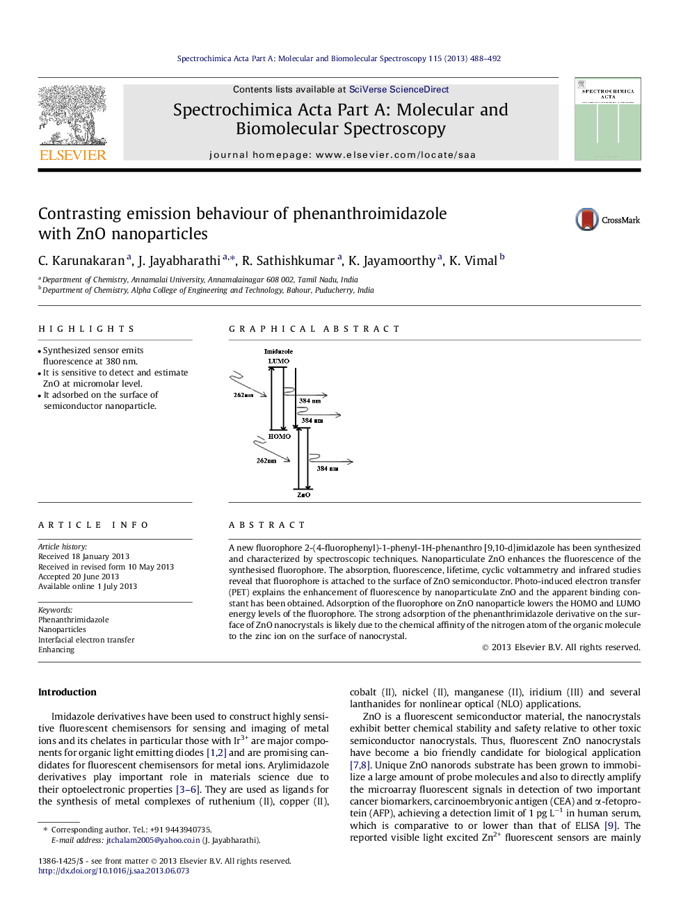 Contrasting emission behaviour of phenanthroimidazole with ZnO nanoparticles