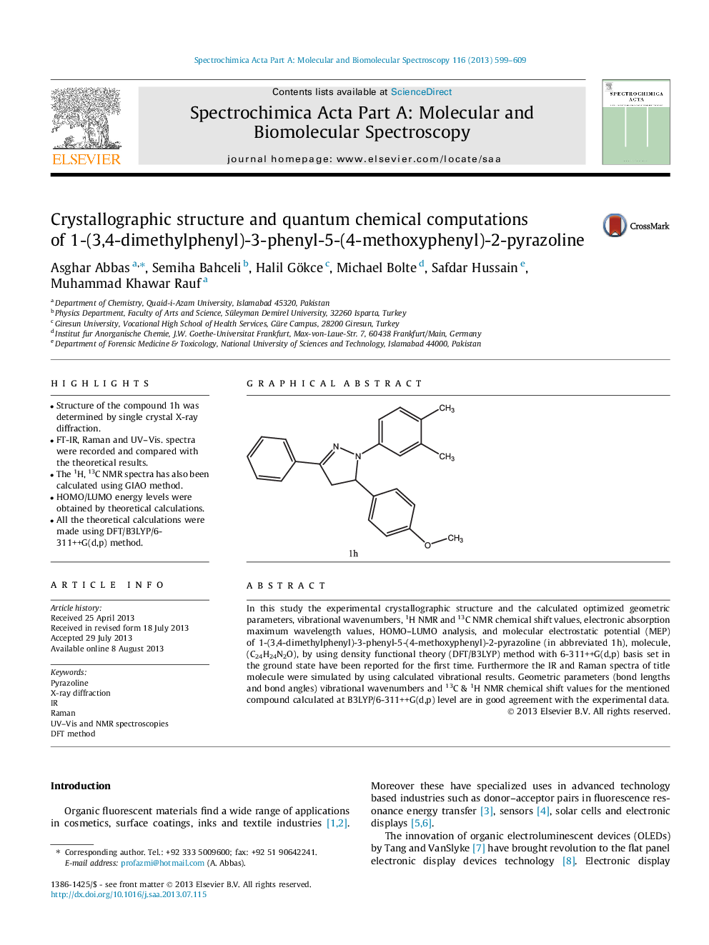 Crystallographic structure and quantum chemical computations of 1-(3,4-dimethylphenyl)-3-phenyl-5-(4-methoxyphenyl)-2-pyrazoline