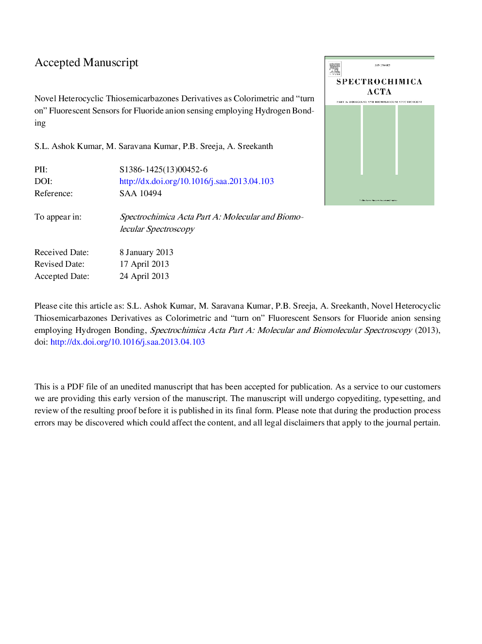 Novel heterocyclic thiosemicarbazones derivatives as colorimetric and “turn on” fluorescent sensors for fluoride anion sensing employing hydrogen bonding