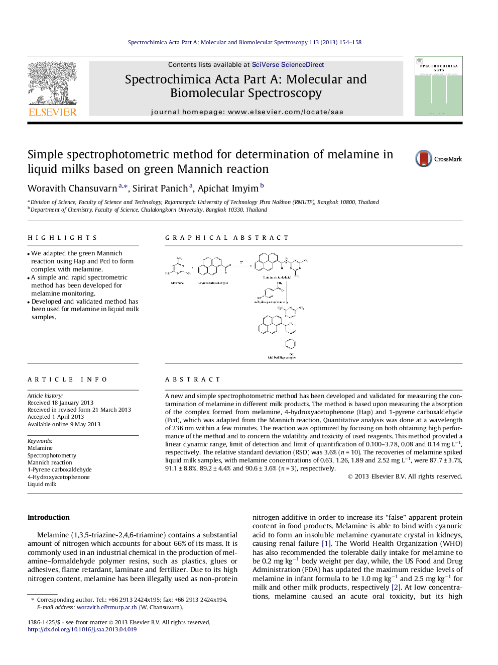 روش اسپکتروفتومتر ساده برای تعیین ملامین در شیر مایع بر اساس واکنش سبز منیچ 