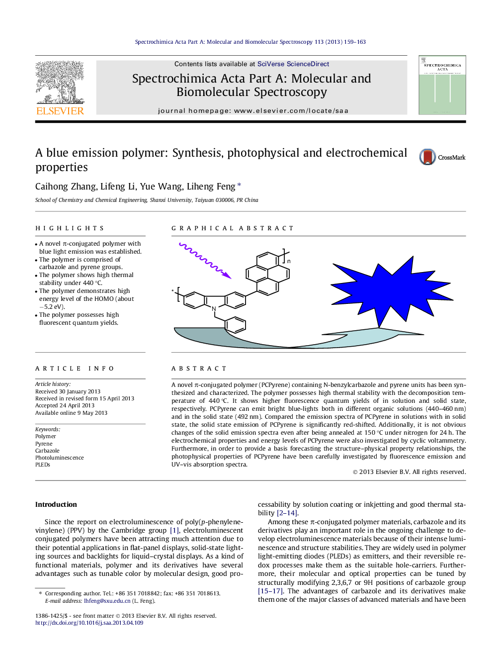 A blue emission polymer: Synthesis, photophysical and electrochemical properties