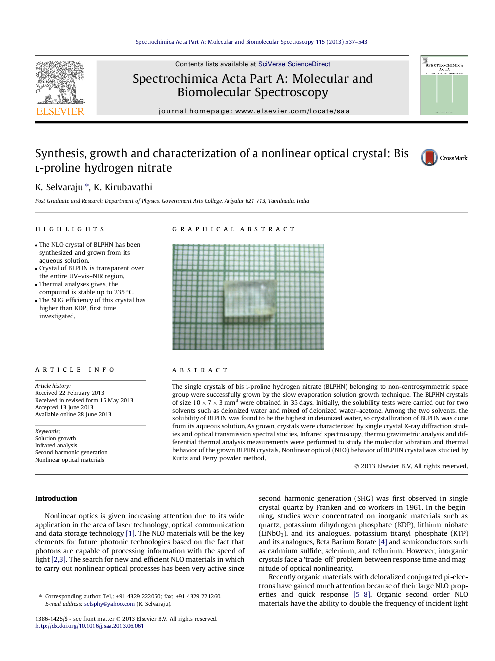 Synthesis, growth and characterization of a nonlinear optical crystal: Bis l-proline hydrogen nitrate