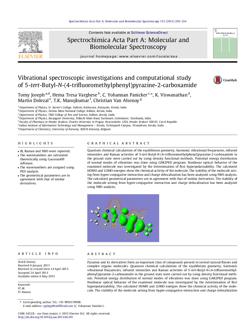 Vibrational spectroscopic investigations and computational study of 5-tert-Butyl-N-(4-trifluoromethylphenyl)pyrazine-2-carboxamide