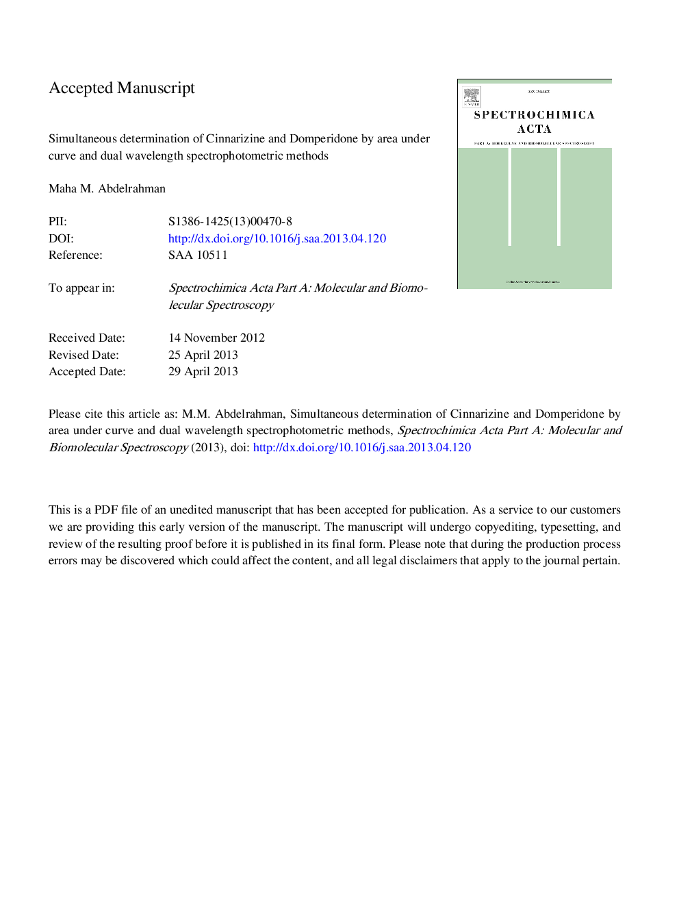 تعیین همزمان سیناریسین و دامپریدون با استفاده از روش های اسپکتروفتومتری طول موج و منحنی 