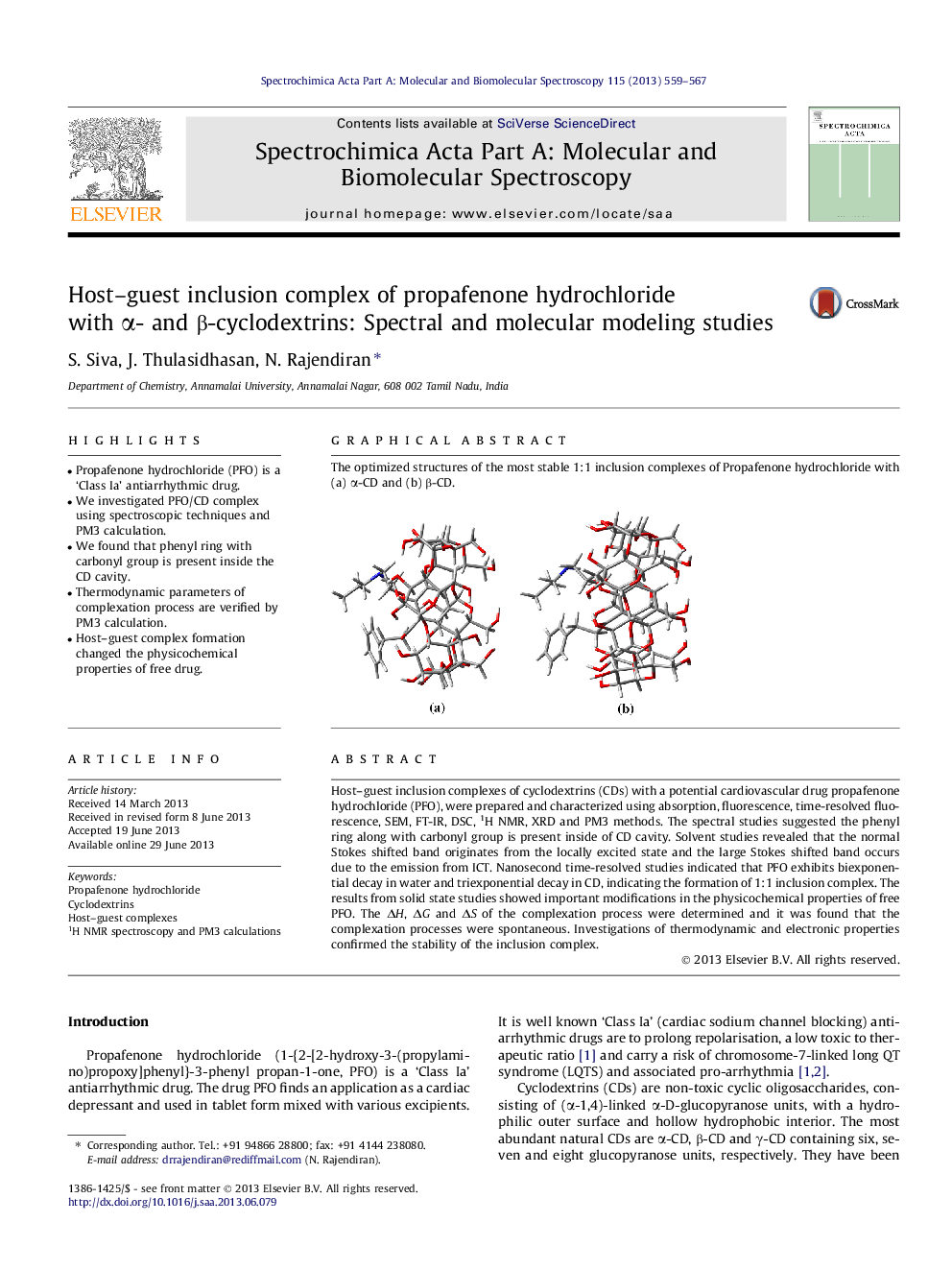 Host-guest inclusion complex of propafenone hydrochloride with Î±- and Î²-cyclodextrins: Spectral and molecular modeling studies