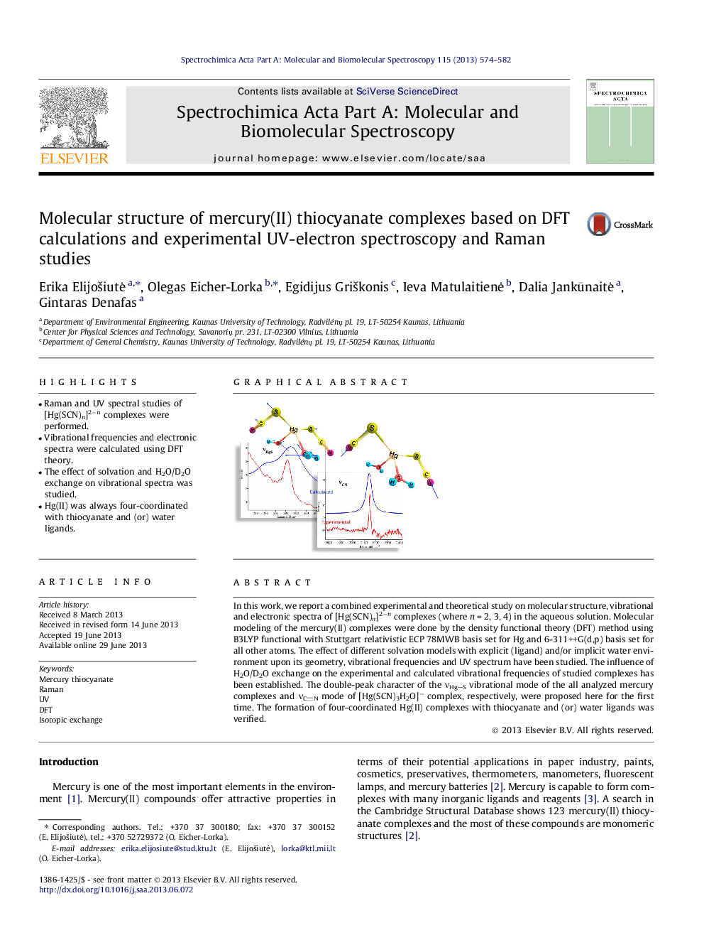 Molecular structure of mercury(II) thiocyanate complexes based on DFT calculations and experimental UV-electron spectroscopy and Raman studies