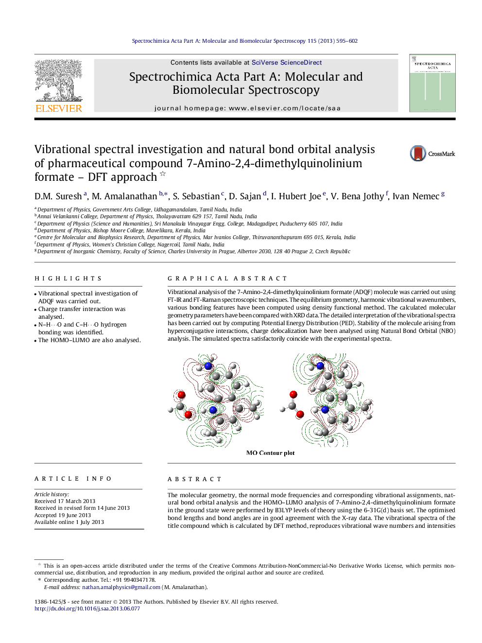 Vibrational spectral investigation and natural bond orbital analysis of pharmaceutical compound 7-Amino-2,4-dimethylquinolinium formate - DFT approach