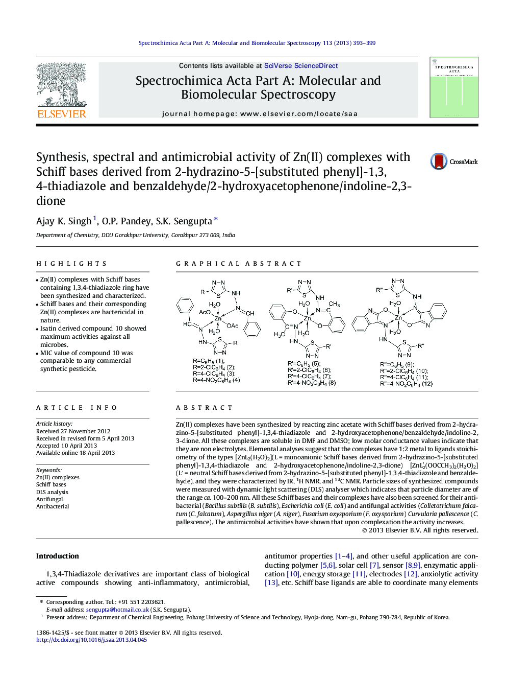 Synthesis, spectral and antimicrobial activity of Zn(II) complexes with Schiff bases derived from 2-hydrazino-5-[substituted phenyl]-1,3,4-thiadiazole and benzaldehyde/2-hydroxyacetophenone/indoline-2,3-dione