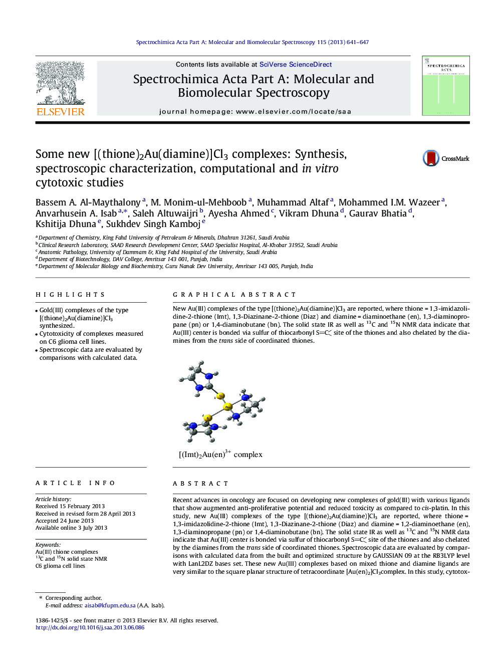 Some new [(thione)2Au(diamine)]Cl3 complexes: Synthesis, spectroscopic characterization, computational and in vitro cytotoxic studies