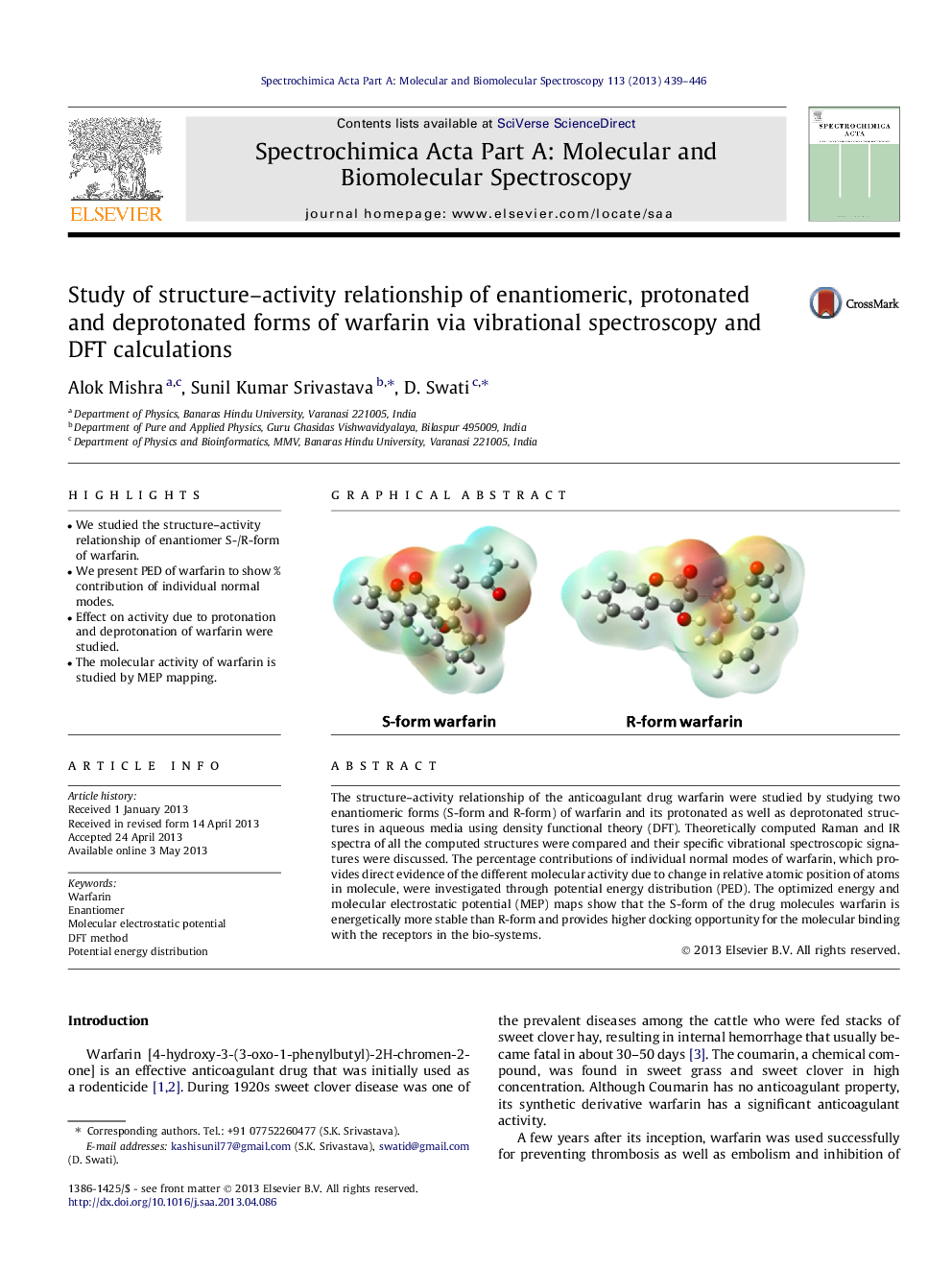 Study of structure-activity relationship of enantiomeric, protonated and deprotonated forms of warfarin via vibrational spectroscopy and DFT calculations