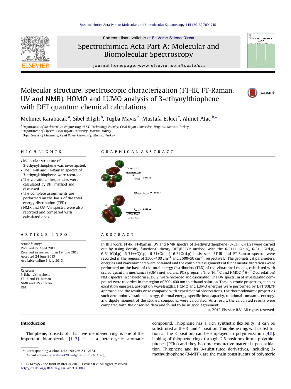 Molecular structure, spectroscopic characterization (FT-IR, FT-Raman, UV and NMR), HOMO and LUMO analysis of 3-ethynylthiophene with DFT quantum chemical calculations