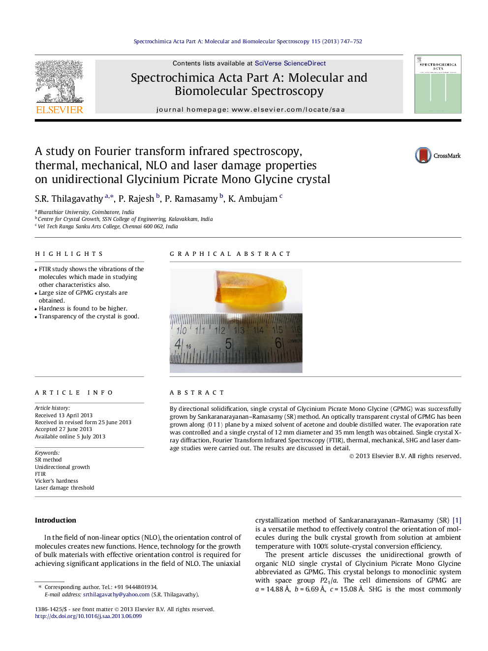 A study on Fourier transform infrared spectroscopy, thermal, mechanical, NLO and laser damage properties on unidirectional Glycinium Picrate Mono Glycine crystal