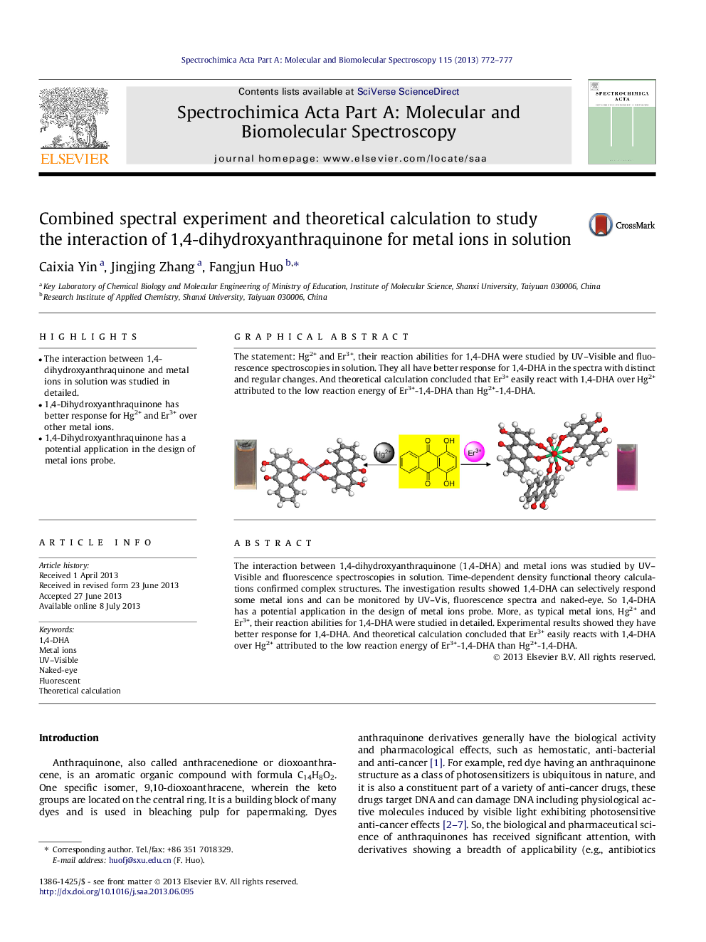 آزمایش طیفی ترکیبی و محاسبه نظری برای مطالعه تعامل 1،4-دی هیدروکسی سنتوراکینون برای یون های فلزی در محلول 