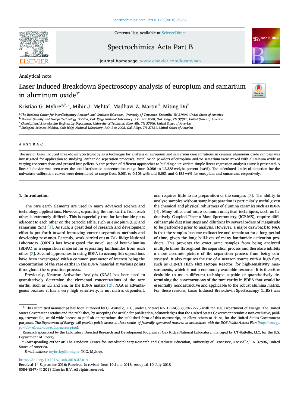 Laser Induced Breakdown Spectroscopy analysis of europium and samarium in aluminum oxide