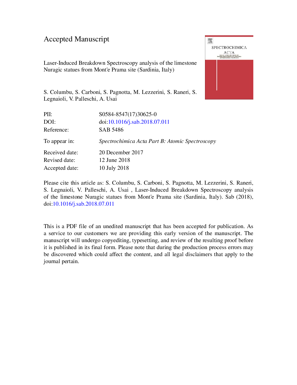 Laser-Induced Breakdown Spectroscopy analysis of the limestone Nuragic statues from Mont'e Prama site (Sardinia, Italy)