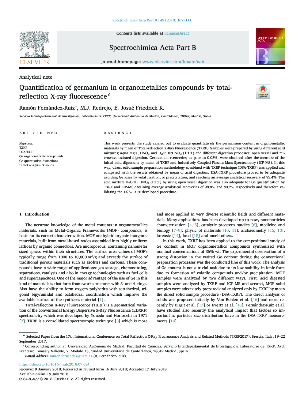 Quantification of germanium in organometallics compounds by total-reflection X-ray fluorescence