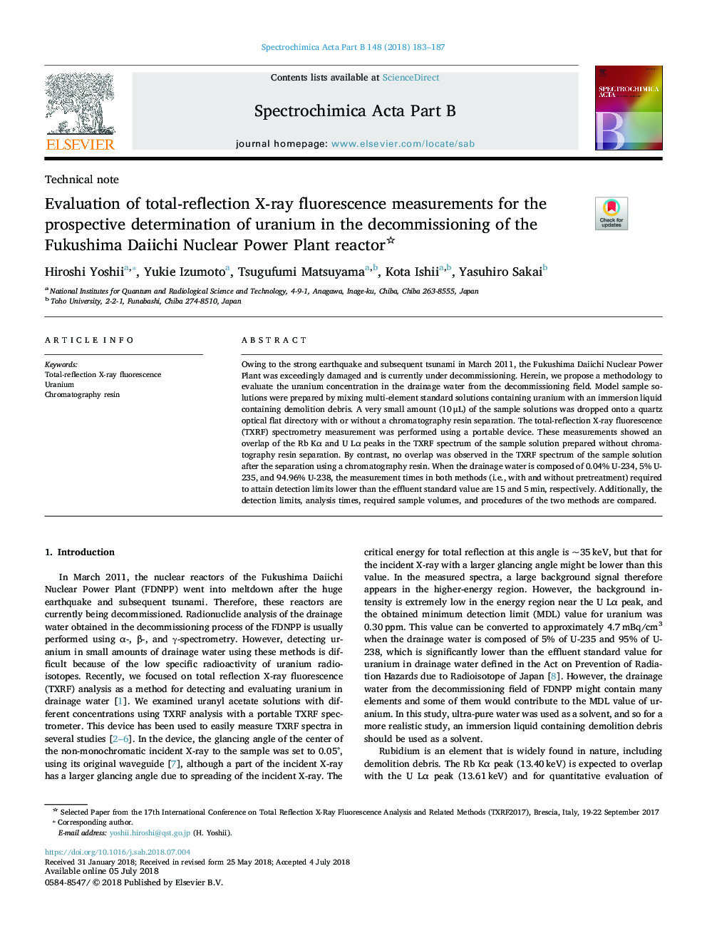 Evaluation of total-reflection X-ray fluorescence measurements for the prospective determination of uranium in the decommissioning of the Fukushima Daiichi Nuclear Power Plant reactor