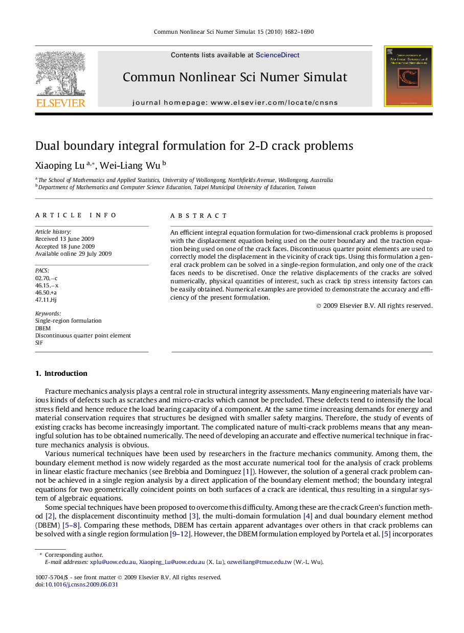 Dual boundary integral formulation for 2-D crack problems