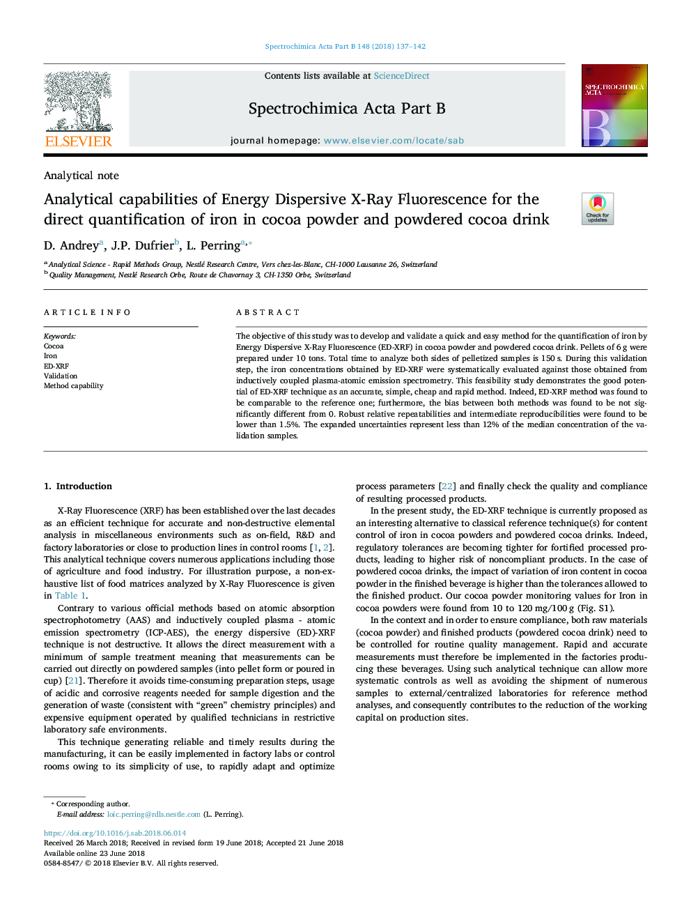 Analytical capabilities of Energy Dispersive X-Ray Fluorescence for the direct quantification of iron in cocoa powder and powdered cocoa drink