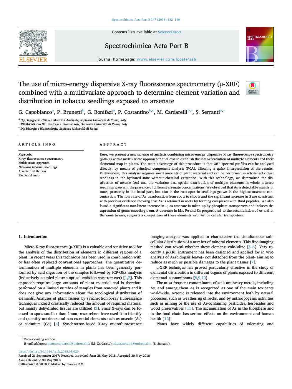 The use of micro-energy dispersive X-ray fluorescence spectrometry combined with a multivariate approach to determine element variation and distribution in tobacco seedlings exposed to arsenate