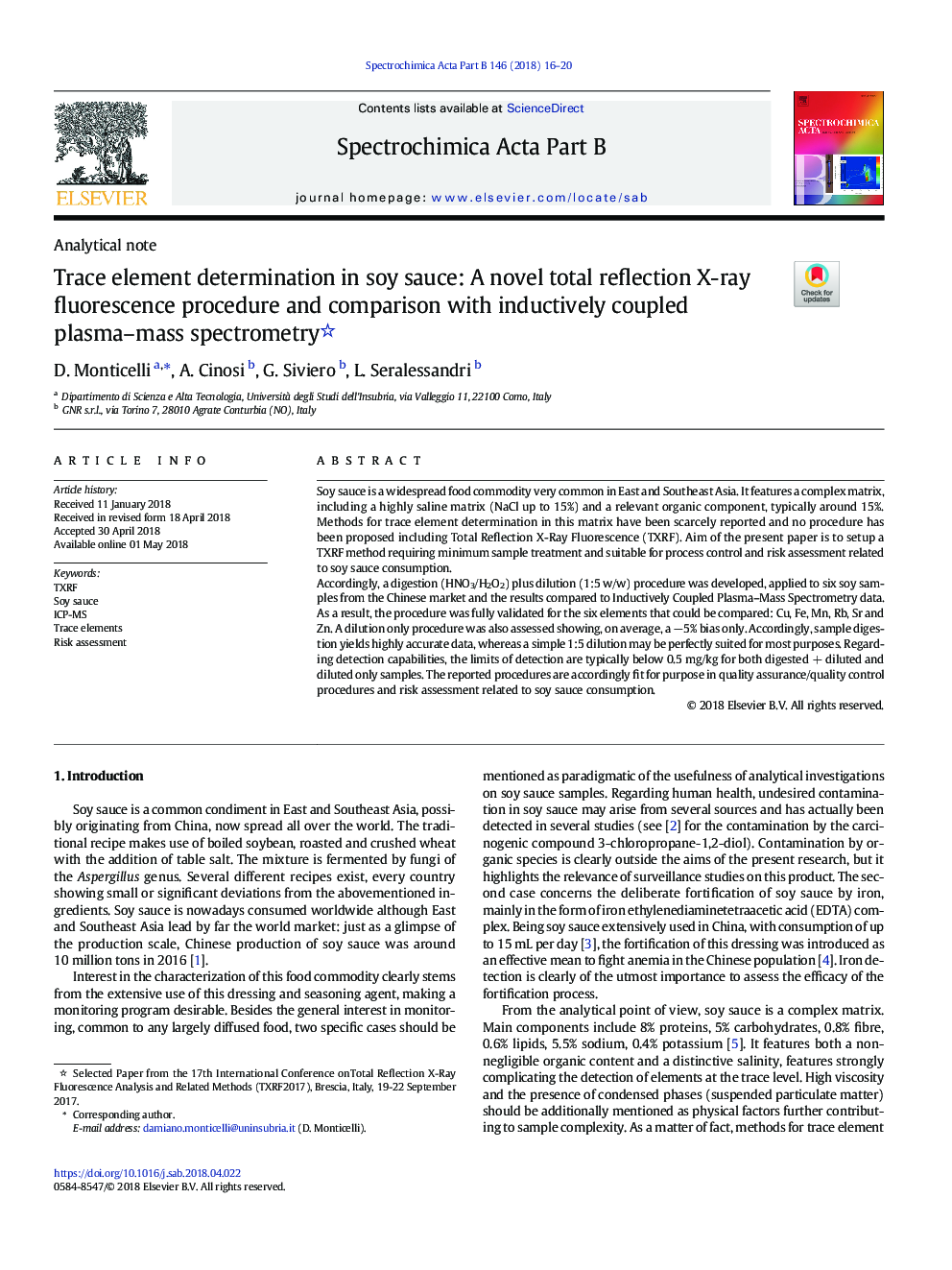 Trace element determination in soy sauce: A novel total reflection X-ray fluorescence procedure and comparison with inductively coupled plasma-mass spectrometry