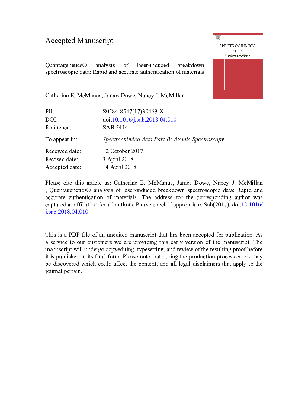 Quantagenetics® analysis of laser-induced breakdown spectroscopic data: Rapid and accurate authentication of materials