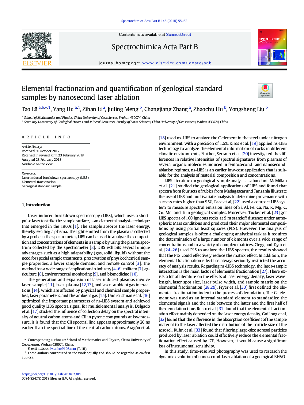 Elemental fractionation and quantification of geological standard samples by nanosecond-laser ablation