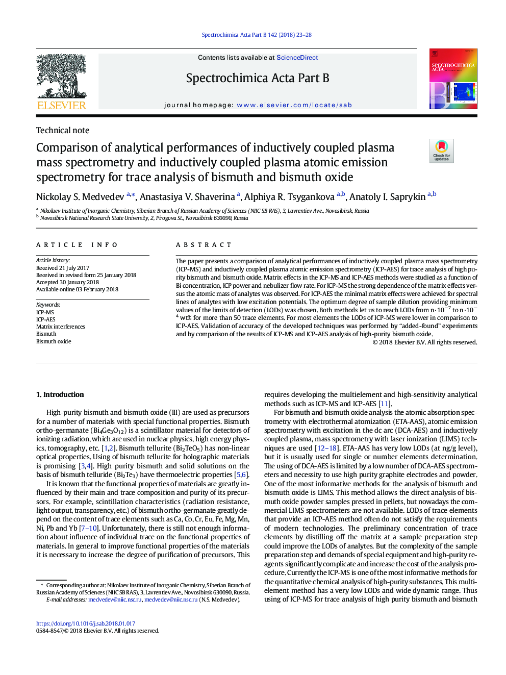 Comparison of analytical performances of inductively coupled plasma mass spectrometry and inductively coupled plasma atomic emission spectrometry for trace analysis of bismuth and bismuth oxide