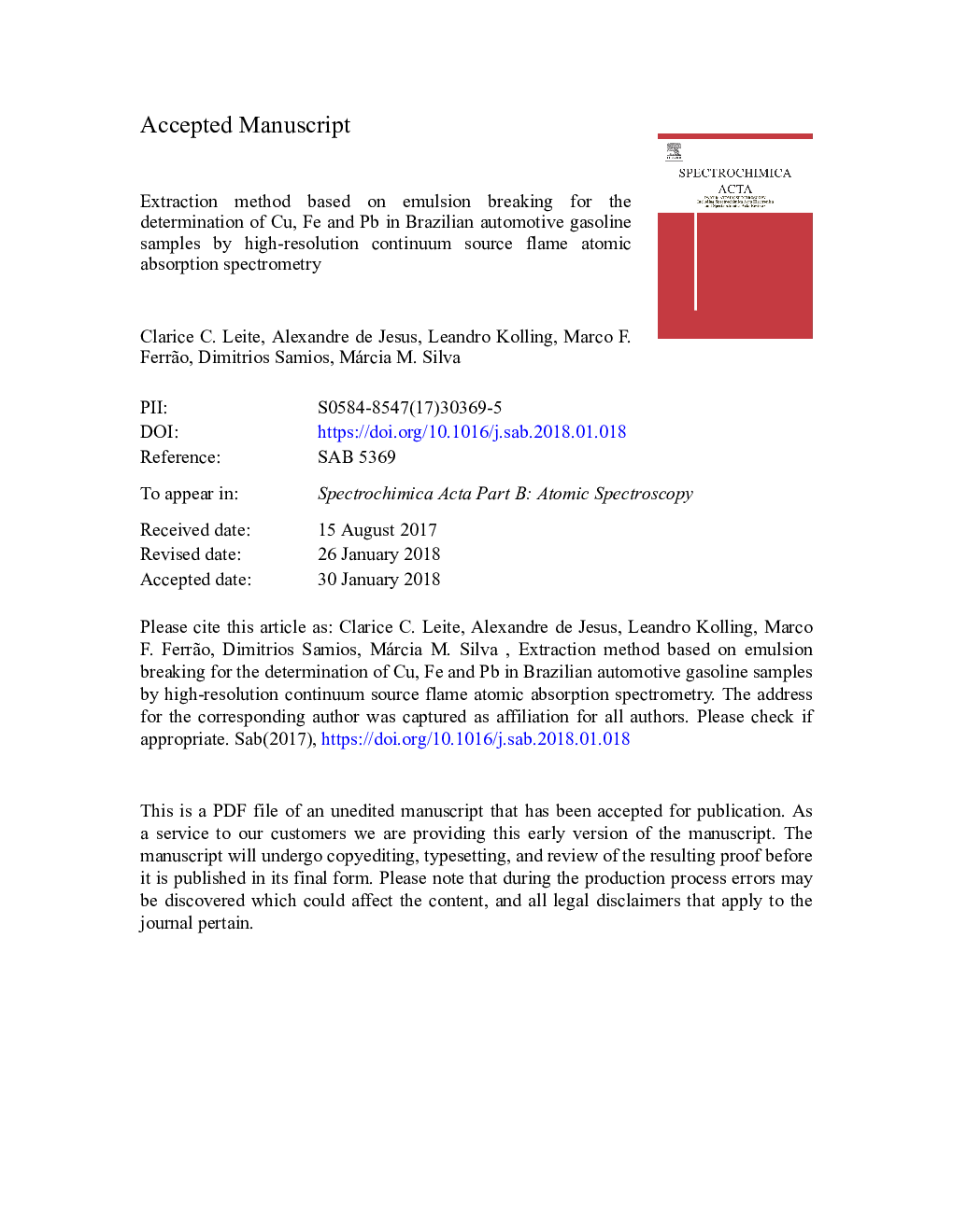 Extraction method based on emulsion breaking for the determination of Cu, Fe and Pb in Brazilian automotive gasoline samples by high-resolution continuum source flame atomic absorption spectrometry