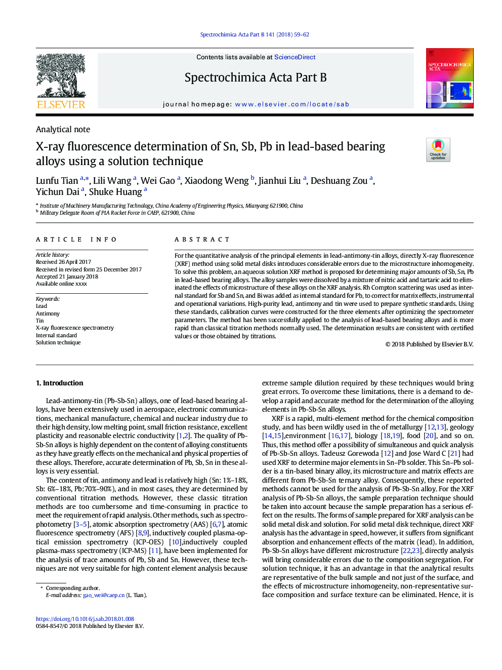 X-ray fluorescence determination of Sn, Sb, Pb in lead-based bearing alloys using a solution technique