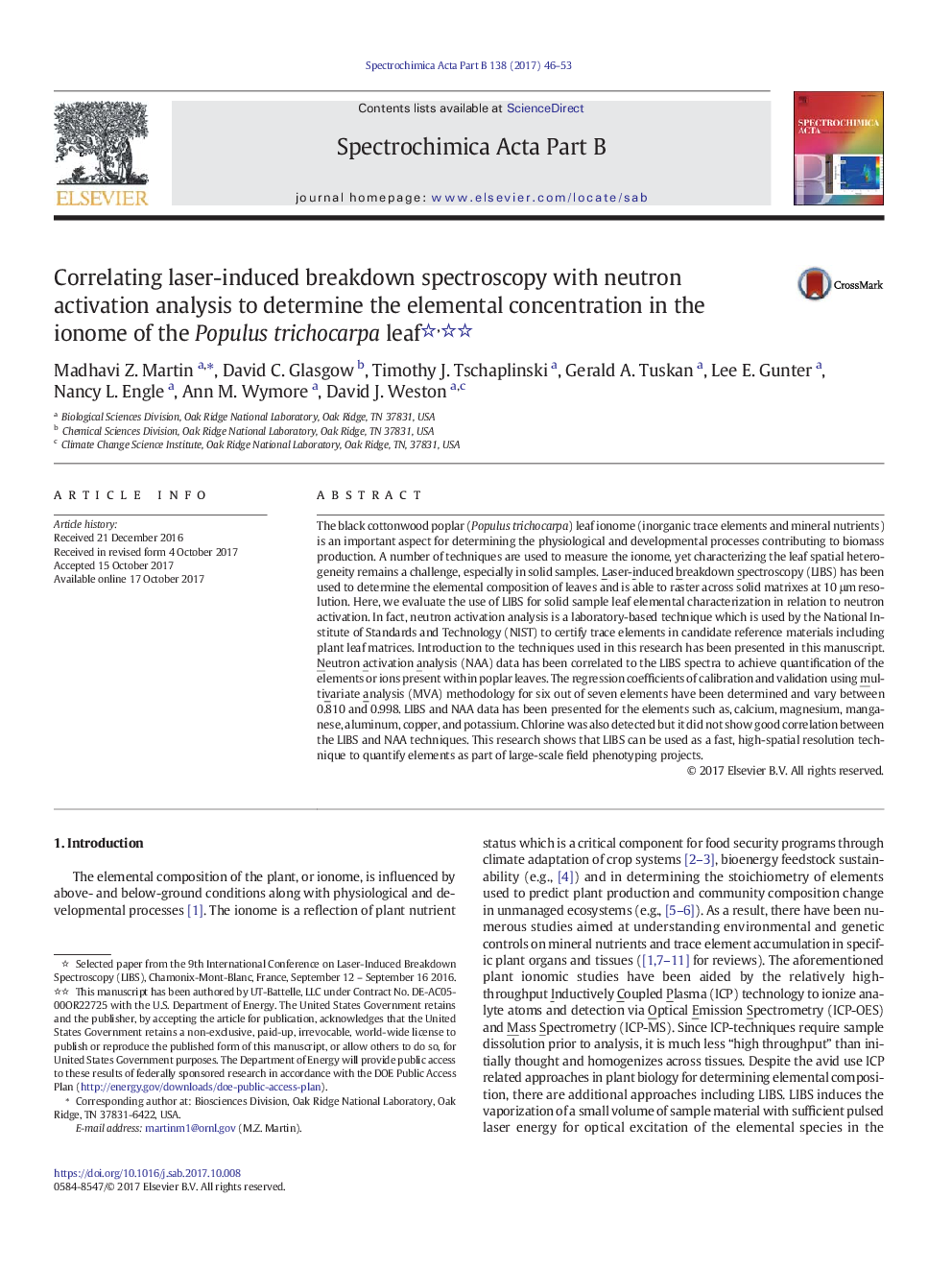 Correlating laser-induced breakdown spectroscopy with neutron activation analysis to determine the elemental concentration in the ionome of the Populus trichocarpa leaf