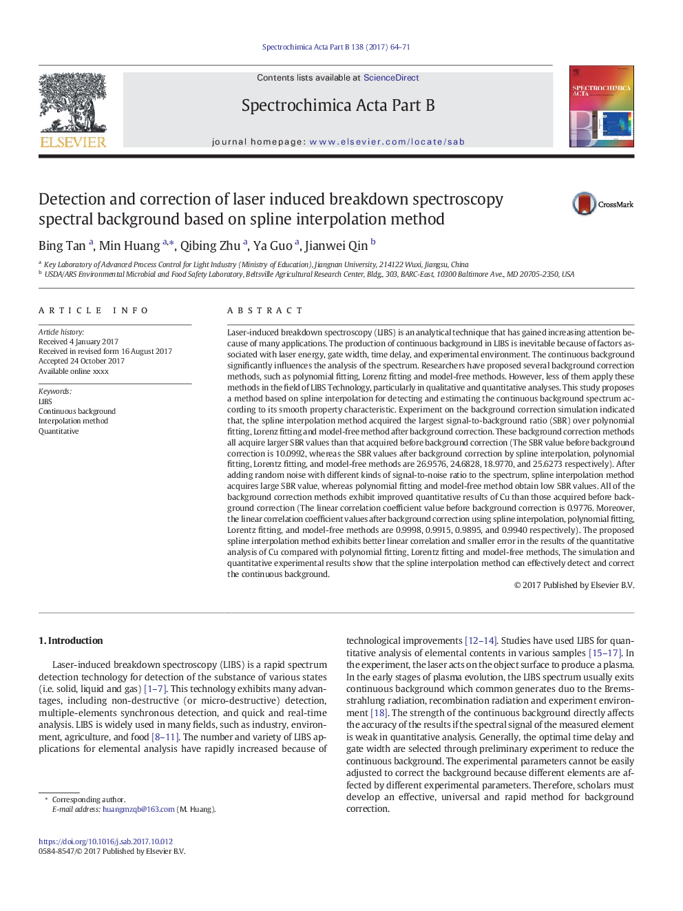 Detection and correction of laser induced breakdown spectroscopy spectral background based on spline interpolation method