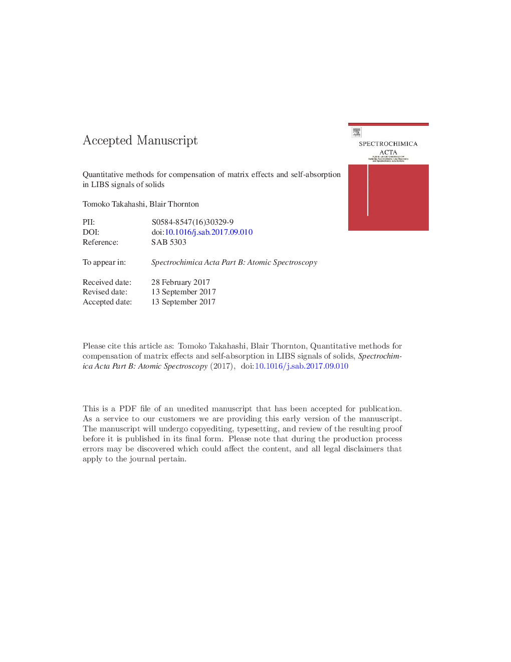 Quantitative methods for compensation of matrix effects and self-absorption in Laser Induced Breakdown Spectroscopy signalsÂ ofÂ solids