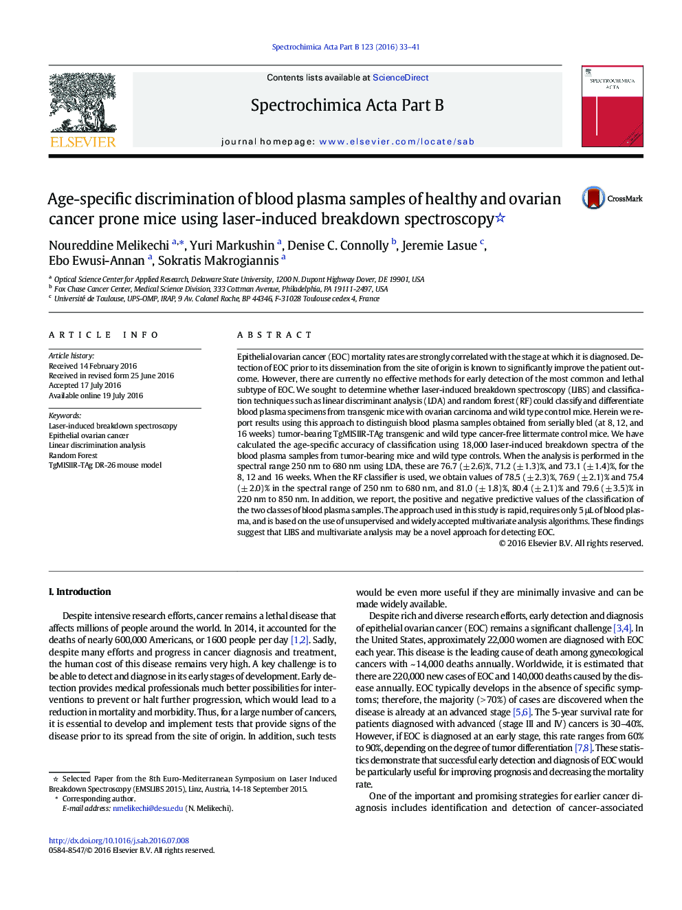 Age-specific discrimination of blood plasma samples of healthy and ovarian cancer prone mice using laser-induced breakdown spectroscopy