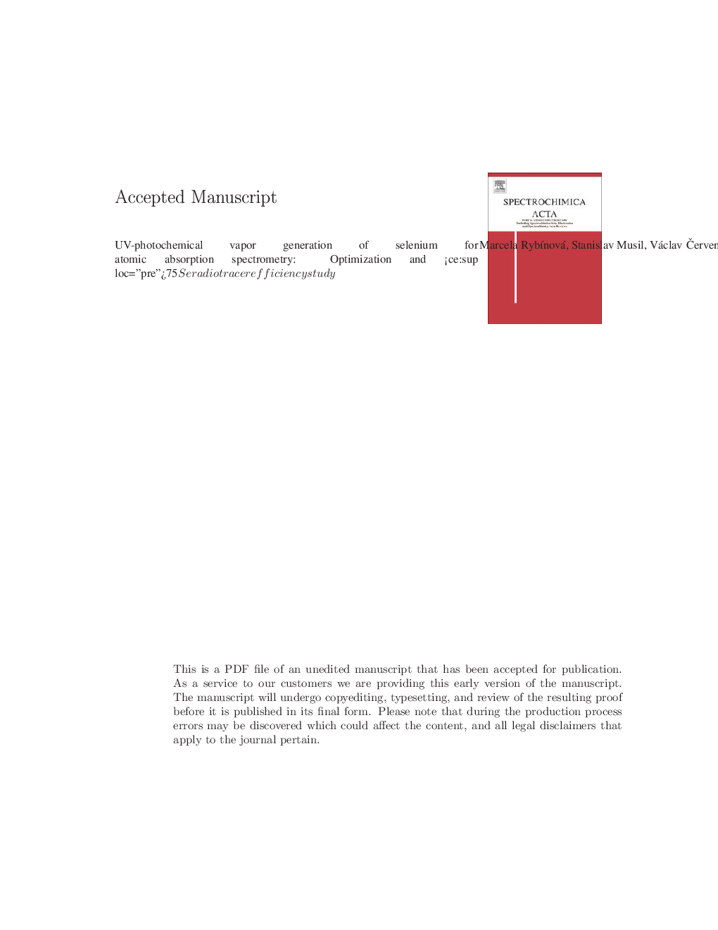 UV-photochemical vapor generation of selenium for atomic absorption spectrometry: Optimization and 75Se radiotracer efficiency study