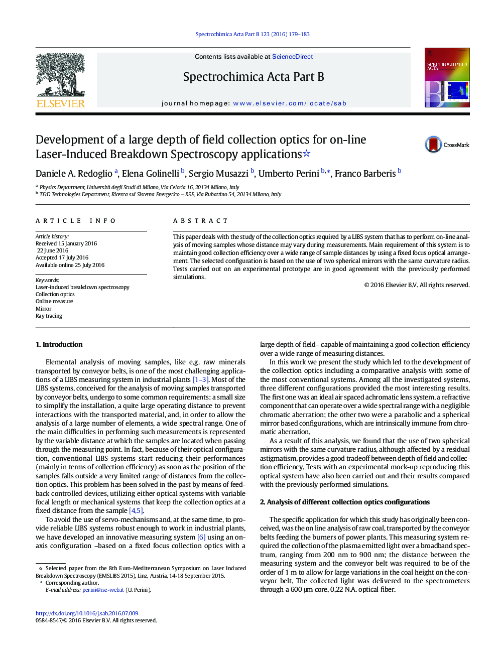 Development of a large depth of field collection optics for on-line Laser-Induced Breakdown Spectroscopy applications