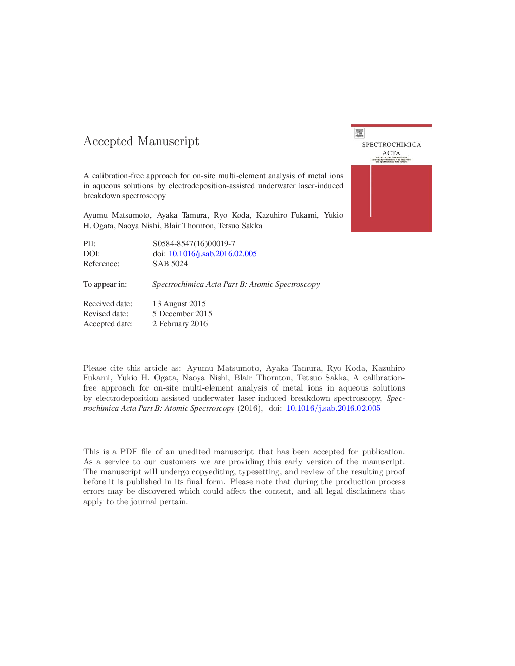 A calibration-free approach for on-site multi-element analysis of metal ions in aqueous solutions by electrodeposition-assisted underwater laser-induced breakdown spectroscopy