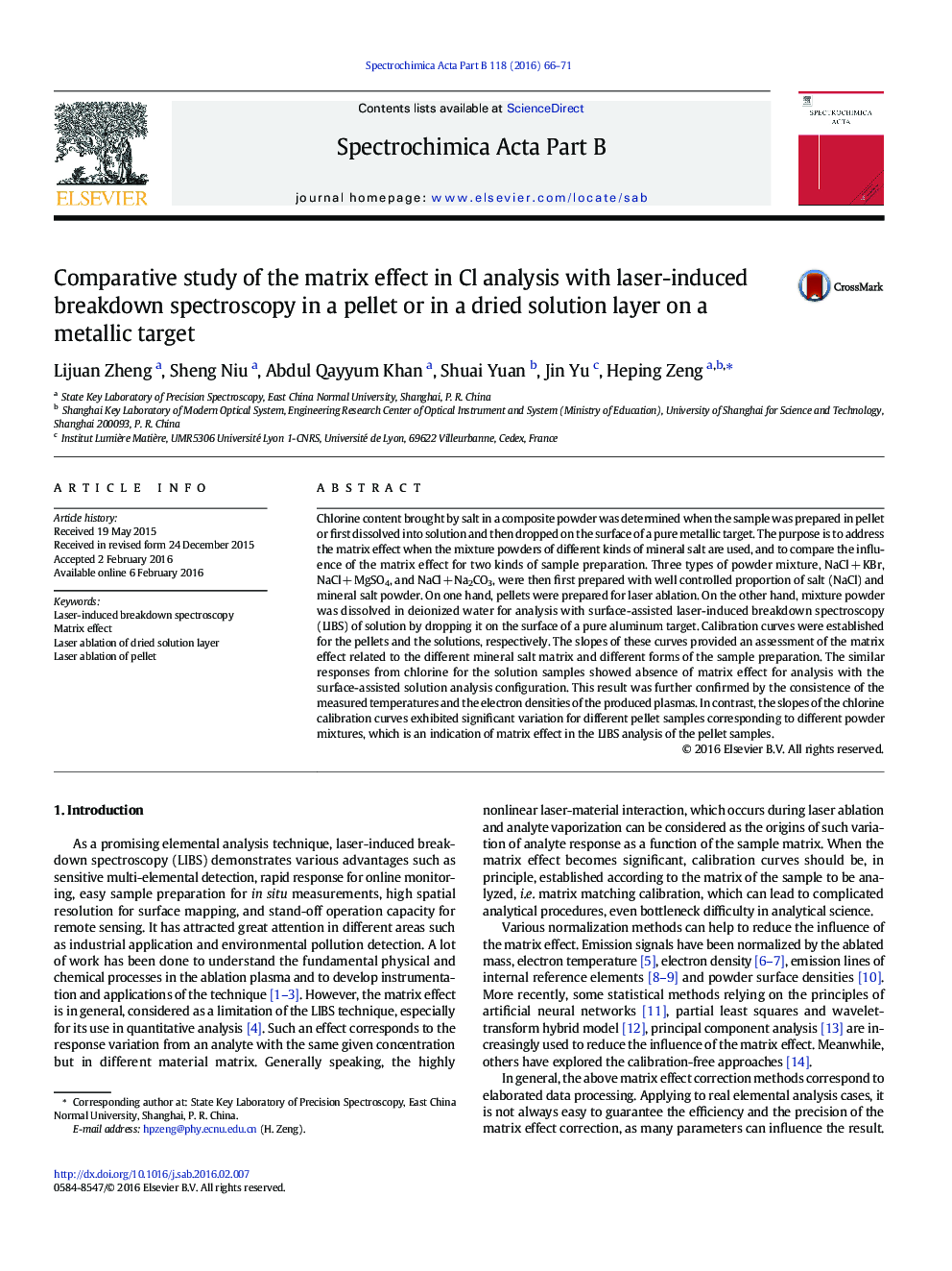 Comparative study of the matrix effect in Cl analysis with laser-induced breakdown spectroscopy in a pellet or in a dried solution layer on a metallic target