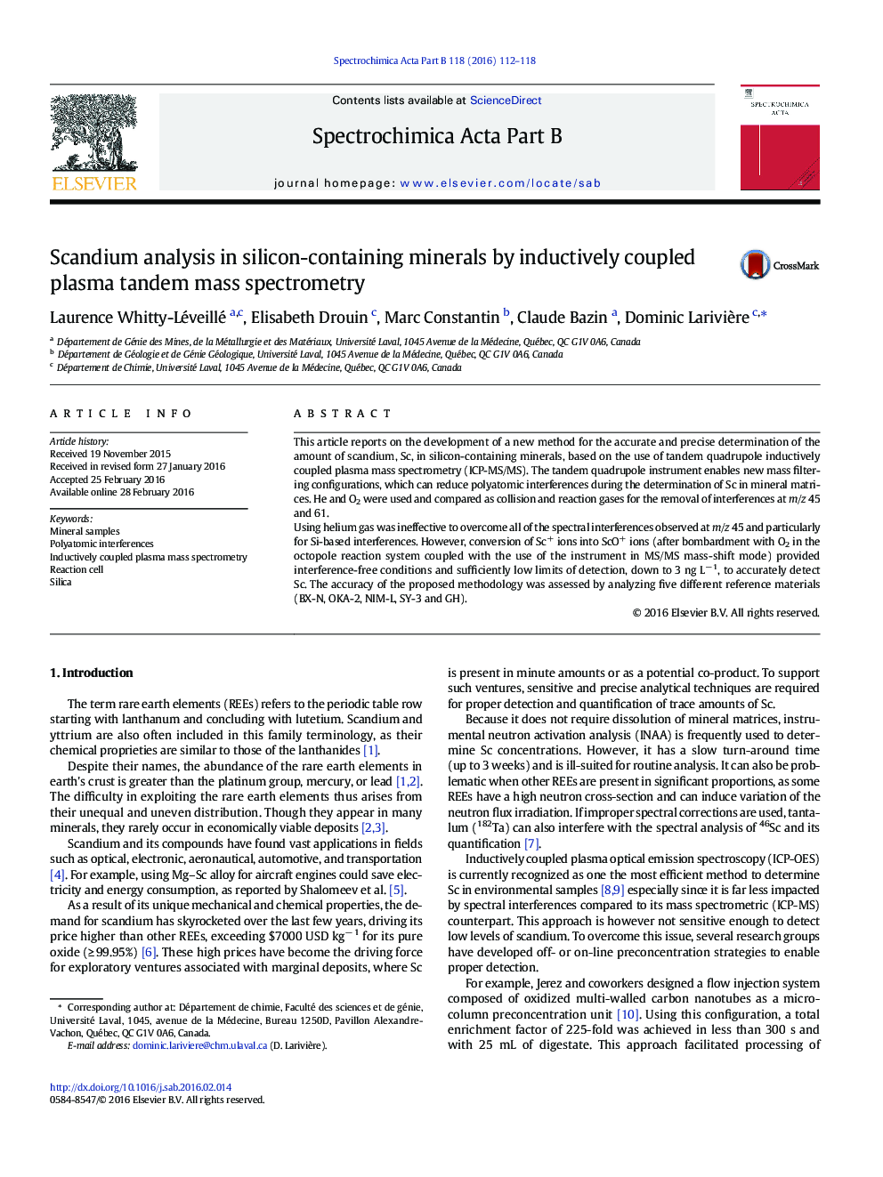 Scandium analysis in silicon-containing minerals by inductively coupled plasma tandem mass spectrometry