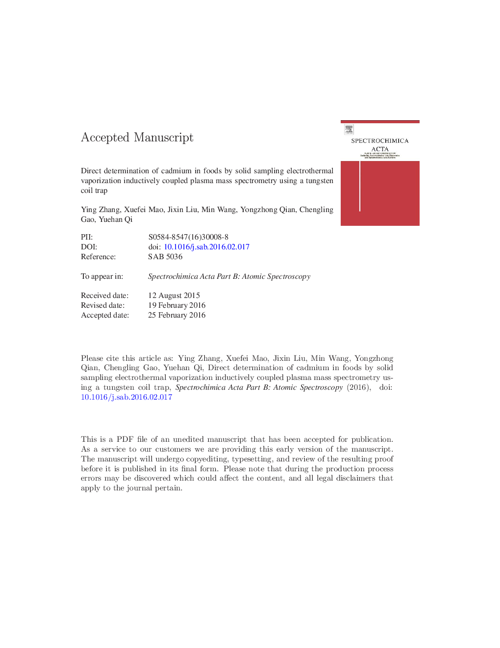 Direct determination of cadmium in foods by solid sampling electrothermal vaporization inductively coupled plasma mass spectrometry using a tungsten coil trap