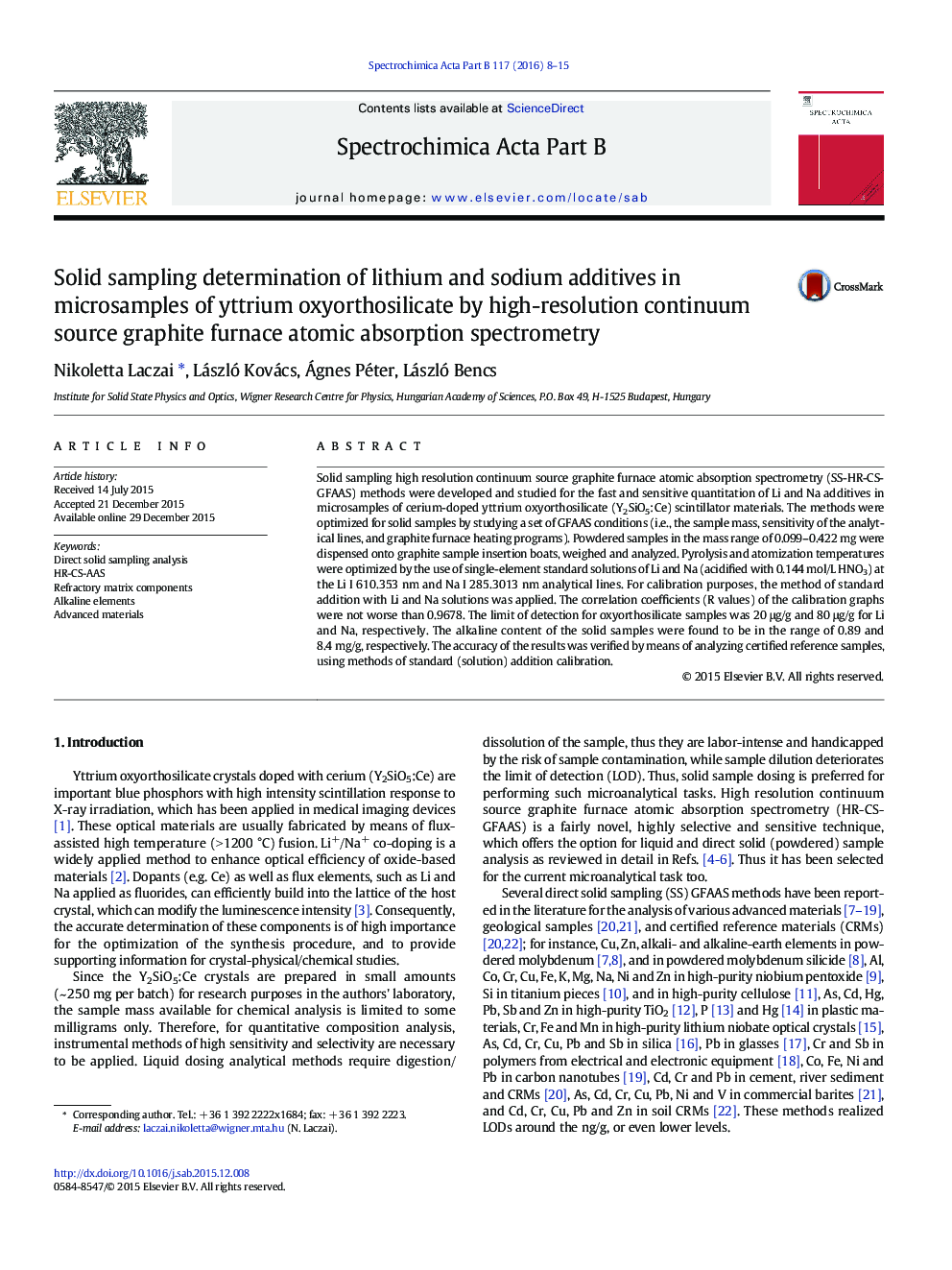 Solid sampling determination of lithium and sodium additives in microsamples of yttrium oxyorthosilicate by high-resolution continuum source graphite furnace atomic absorption spectrometry