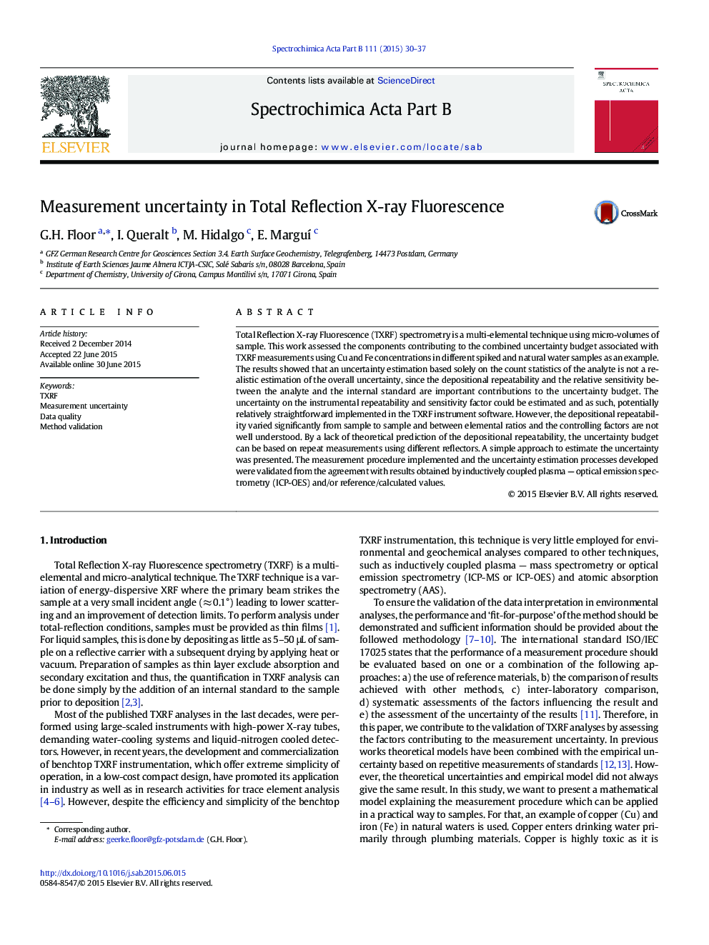 Measurement uncertainty in Total Reflection X-ray Fluorescence