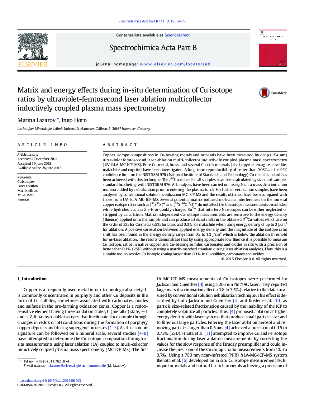 Matrix and energy effects during in-situ determination of Cu isotope ratios by ultraviolet-femtosecond laser ablation multicollector inductively coupled plasma mass spectrometry