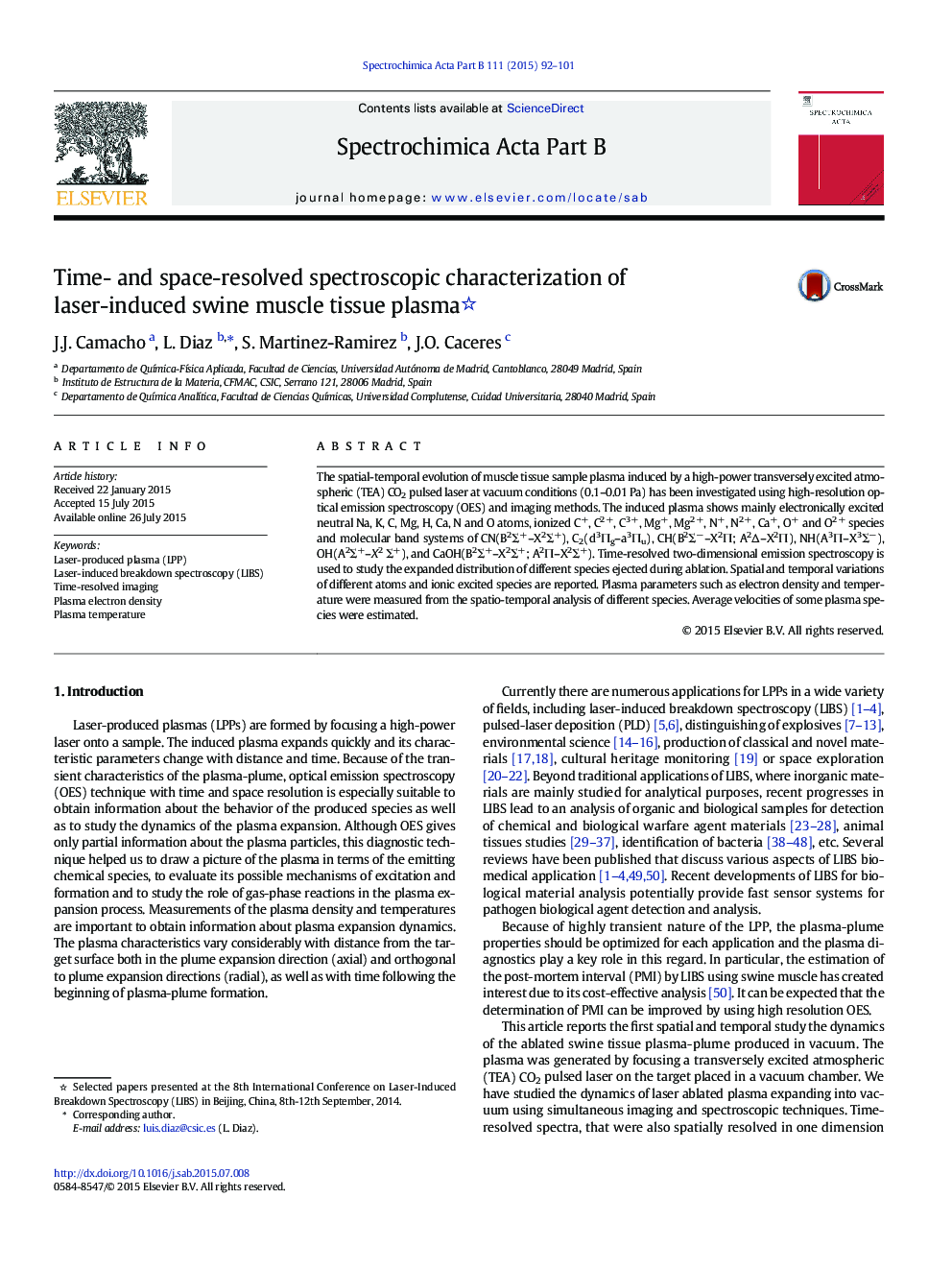 Time- and space-resolved spectroscopic characterization of laser-induced swine muscle tissue plasma