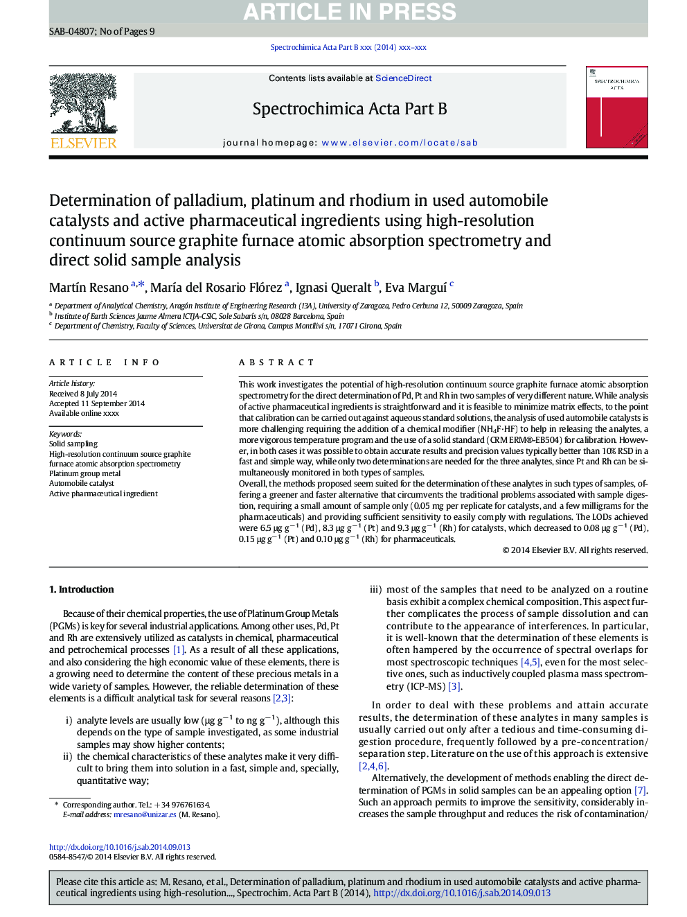 Determination of palladium, platinum and rhodium in used automobile catalysts and active pharmaceutical ingredients using high-resolution continuum source graphite furnace atomic absorption spectrometry and direct solid sample analysis