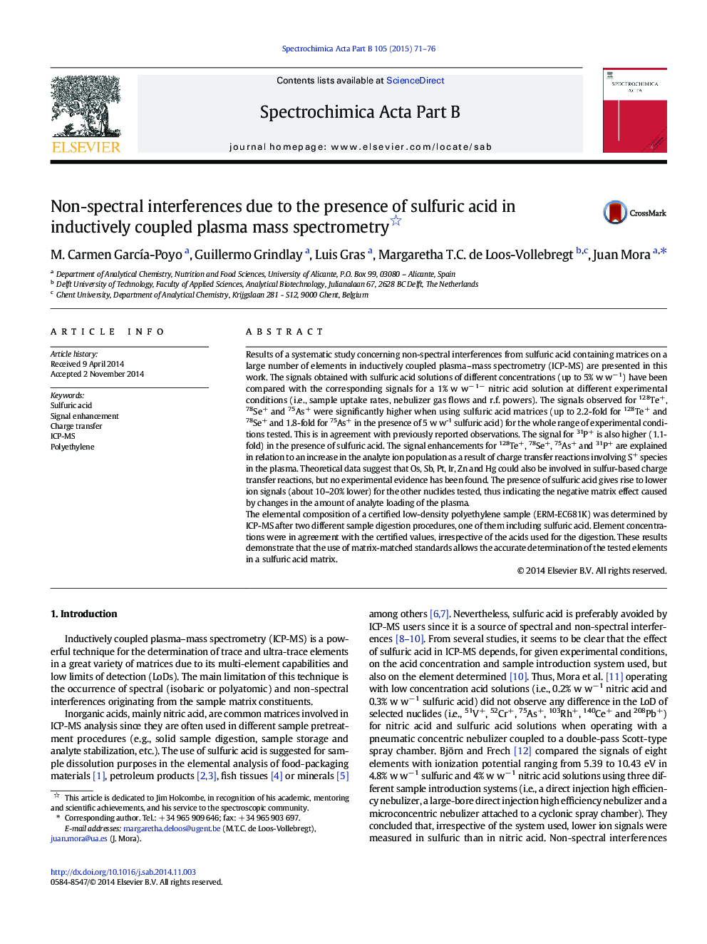 Non-spectral interferences due to the presence of sulfuric acid in inductively coupled plasma mass spectrometry