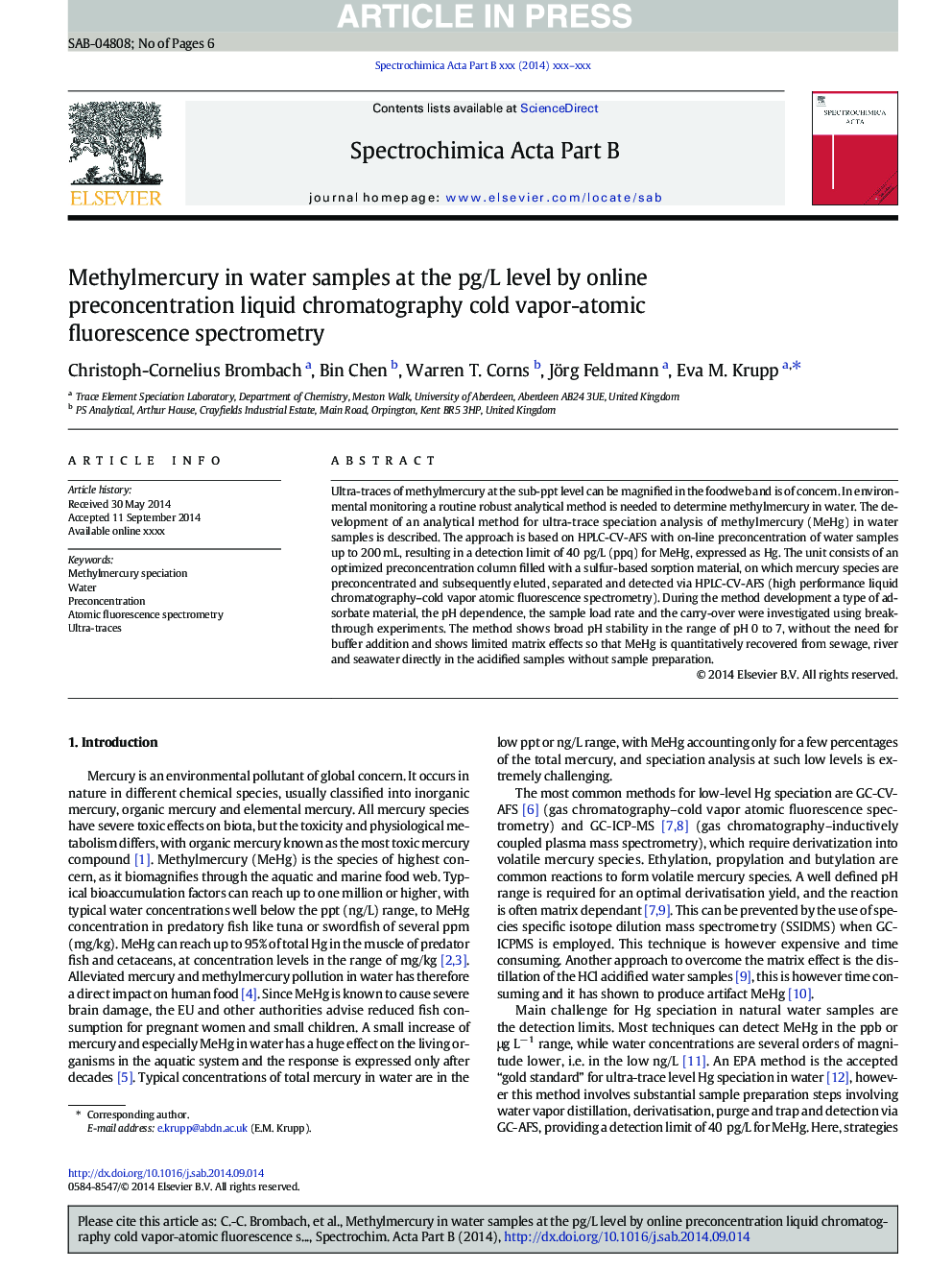 Methylmercury in water samples at the pg/L level by online preconcentration liquid chromatography cold vapor-atomic fluorescence spectrometry